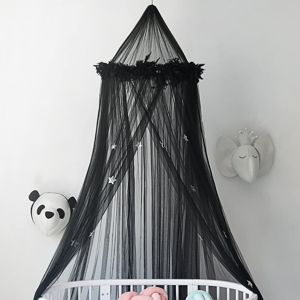 Princess Girls Hanging Mosquito Net Star Decor Bed Canopy with Feather